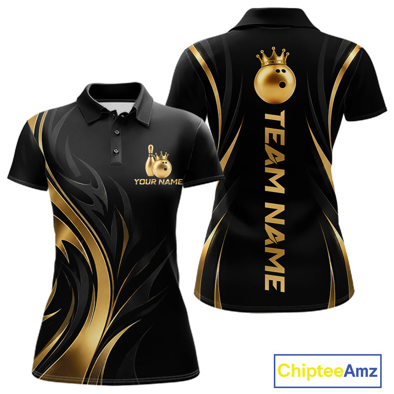 Custom Black Gold Bowling Tournament Shirts For Women With Team Name And Bowling Bowlers HNT563