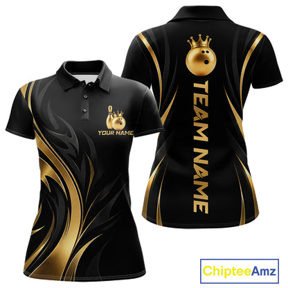 Custom Black Gold Bowling Tournament Shirts For Women With Team Name And Bowling Bowlers HNT563