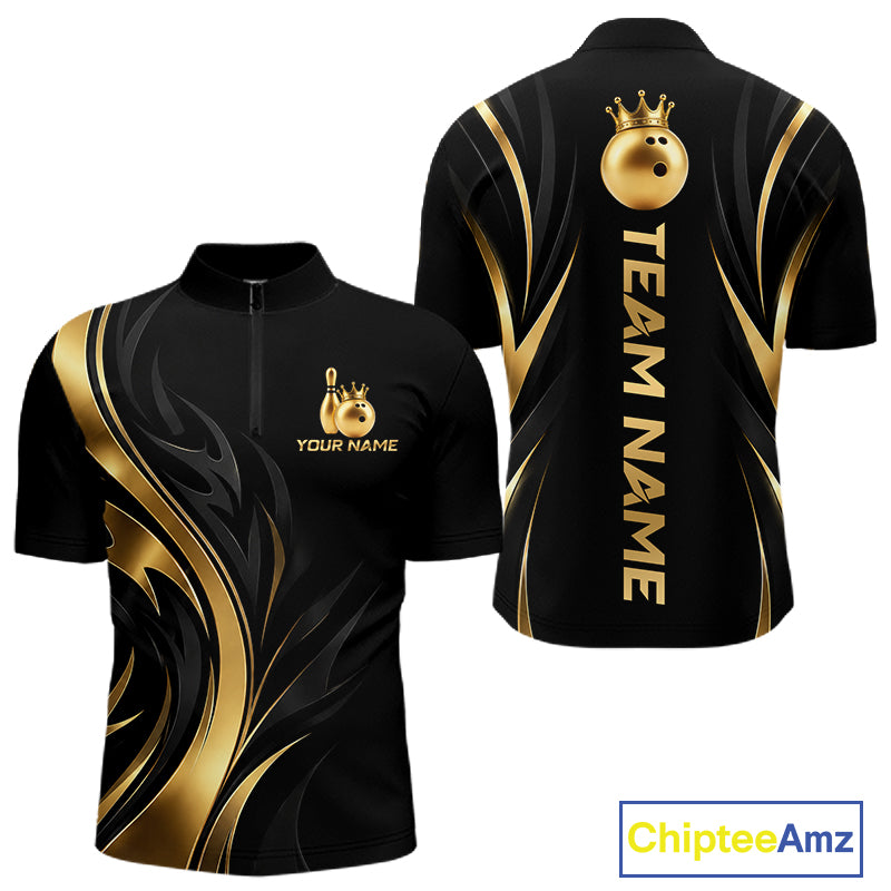 Custom Black Gold Bowling Tournament Shirts For Men With Team Name And Bowling Bowlers HNT563