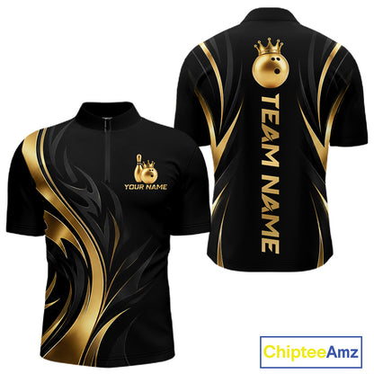 Custom Black Gold Bowling Tournament Shirts For Men With Team Name And Bowling Bowlers HNT563