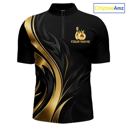 Custom Black Gold Bowling Tournament Shirts For Men With Team Name And Bowling Bowlers HNT563