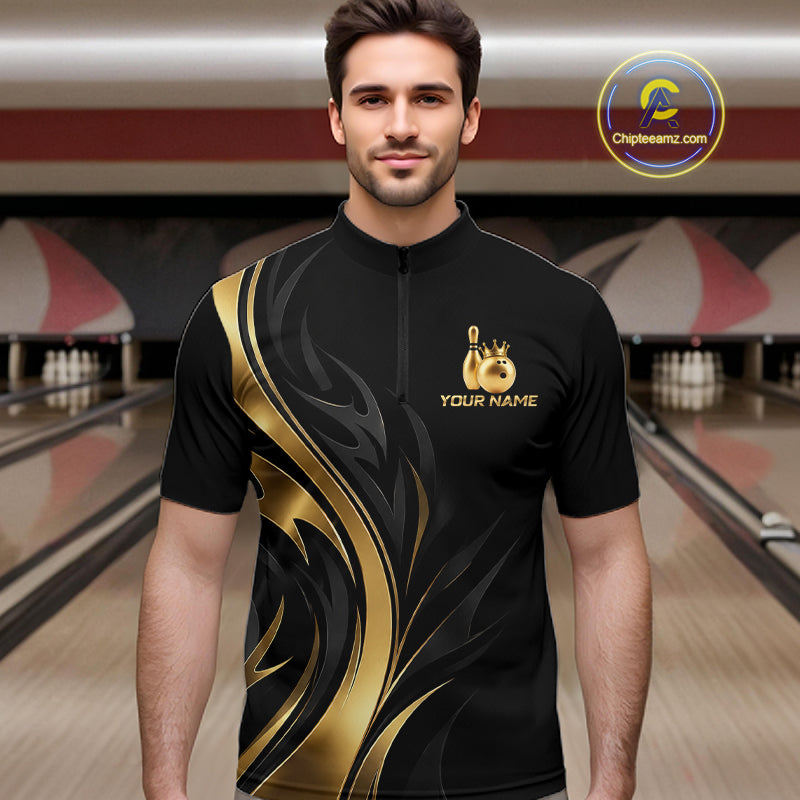 Custom Black Gold Bowling Tournament Shirts For Men With Team Name And Bowling Bowlers HNT563