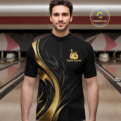 Custom Black Gold Bowling Tournament Shirts For Men With Team Name And Bowling Bowlers HNT563