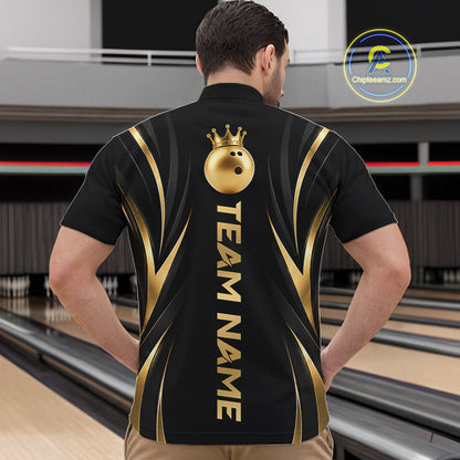 Custom Black Gold Bowling Tournament Shirts For Men With Team Name And Bowling Bowlers HNT563