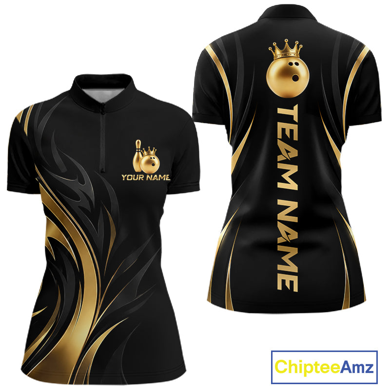 Custom Black Gold Bowling Tournament Shirts For Women With Team Name And Bowling Bowlers HNT563