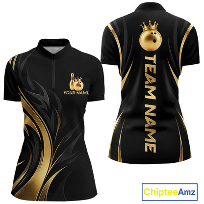 Custom Black Gold Bowling Tournament Shirts For Women With Team Name And Bowling Bowlers HNT563