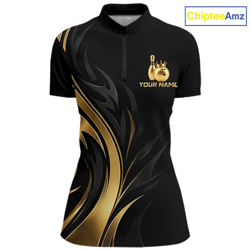 Custom Black Gold Bowling Tournament Shirts For Women With Team Name And Bowling Bowlers HNT563