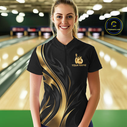 Custom Black Gold Bowling Tournament Shirts For Women With Team Name And Bowling Bowlers HNT563