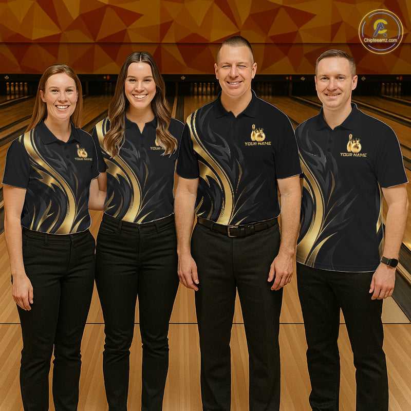 Custom Black Gold Bowling Tournament Shirts For Men With Team Name And Bowling Bowlers HNT563