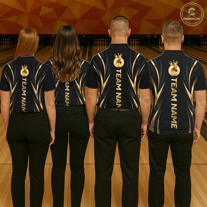 Custom Black Gold Bowling Tournament Shirts For Women With Team Name And Bowling Bowlers HNT563