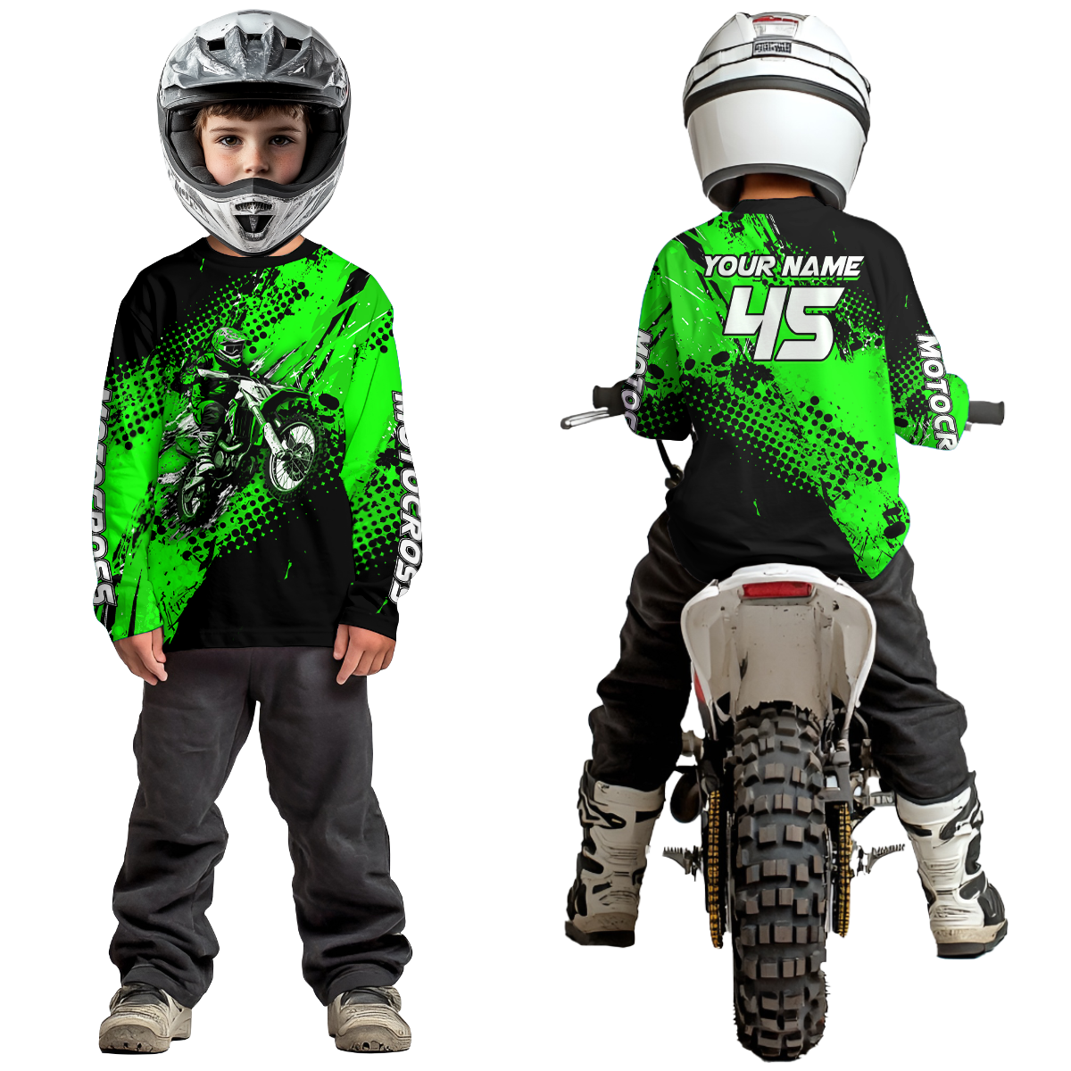 Green Youth Dirt Bike Jersey Adult Kid Upf30+ Custom Motocross Jersey Off-Road Jersey DNT50