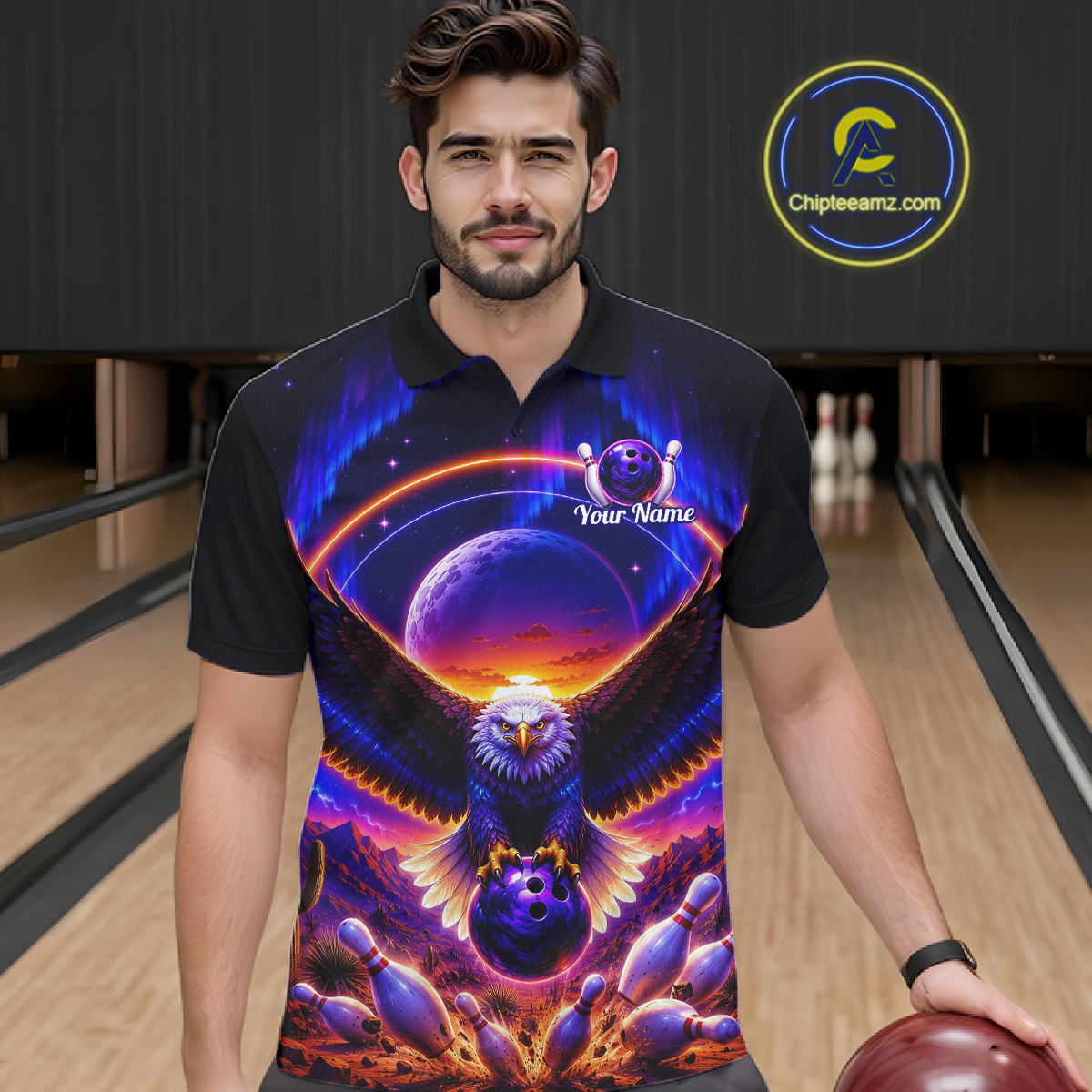 Man wearing a black bowling polo with a eagle, glowing planet backdrop, bowling pins, and custom player name text.