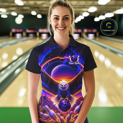 Woman wearing a black bowling polo with a eagle, glowing planet backdrop, bowling pins, and custom team and player name text.