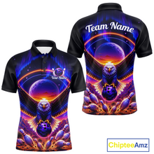 Load image into Gallery viewer, Front and back views of a black bowling polo with a eagle, glowing planet backdrop, bowling pins, and custom team and player name text.