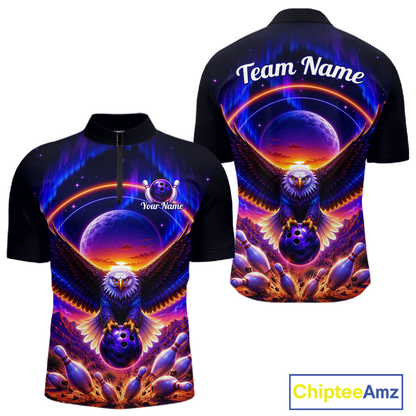 Front and back views of a black bowling quarter zip with a eagle, glowing planet backdrop, bowling pins, and custom team and player name text.
