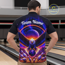 Load image into Gallery viewer, Man wearing a black bowling quarter zip with a eagle, glowing planet backdrop, bowling pins, and custom team and player name text.