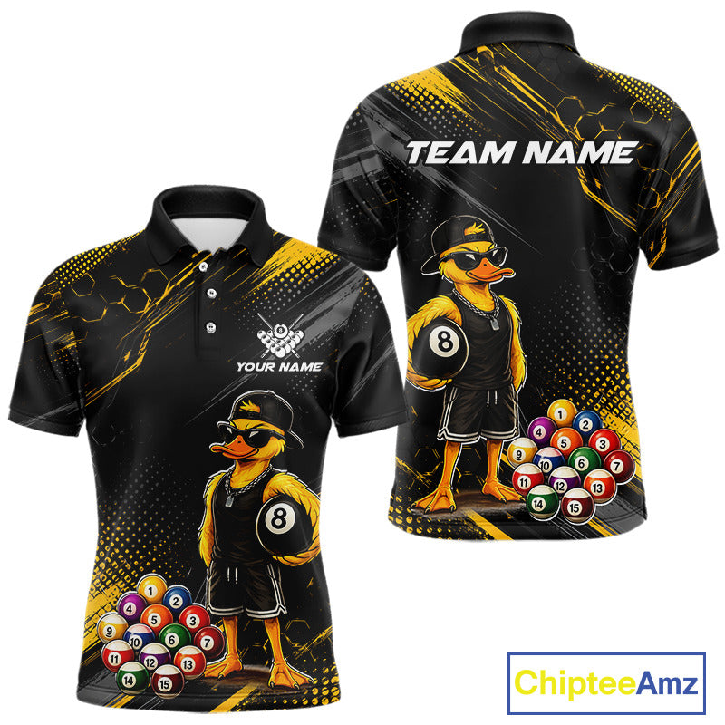 Front and back billiards polo shirt featuring a duck holding an eight ball with colorful pool balls arranged on a black yellow background.