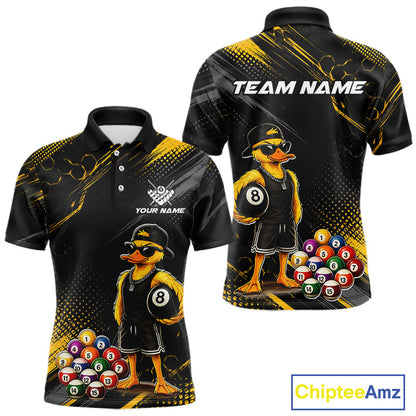 Front and back billiards polo shirt featuring a duck holding an eight ball with colorful pool balls arranged on a black yellow background.
