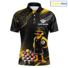 Load image into Gallery viewer, Front billiards polo shirt featuring a duck holding an eight ball with colorful pool balls arranged on a black yellow background.