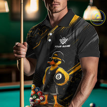 Load image into Gallery viewer, Men wearing billiards polo shirt featuring a duck holding an eight ball with colorful pool balls arranged on a black yellow background.