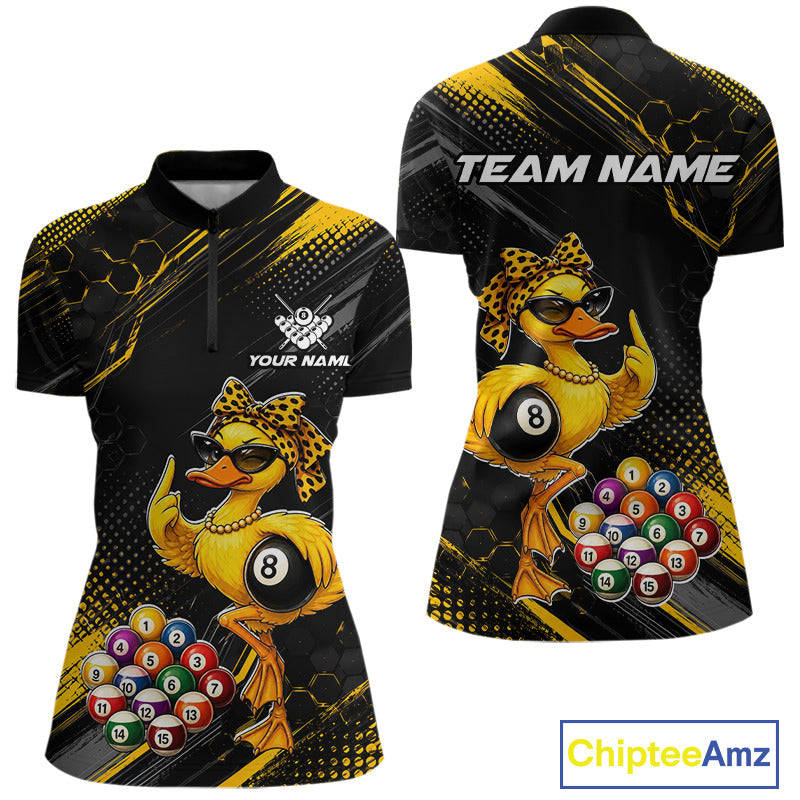 Front and back billiards quarter zip shirt featuring a duck holding an eight ball with pool balls arranged across a black yellow background.