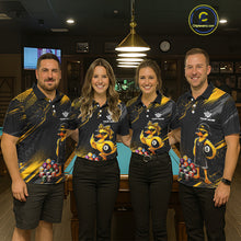 Load image into Gallery viewer, Four people wearing billiards polo shirt featuring a duck holding an eight ball with colorful pool balls arranged on a black yellow background.