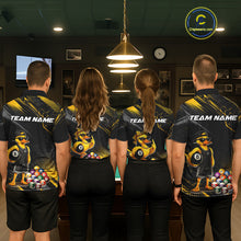 Load image into Gallery viewer, Four people wearing billiards polo shirt featuring a duck holding an eight ball with colorful pool balls arranged on a black yellow background.