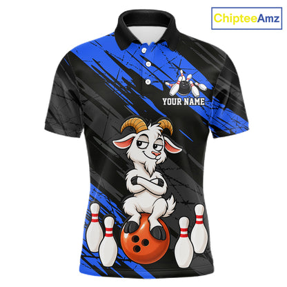 Blue Funny Goat Custom Bowling Team Shirts for Bowler Bowling Jerseys for Men Bowling League HNT565