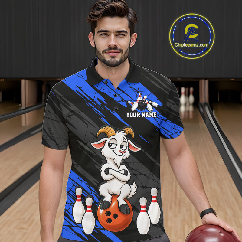 Blue Funny Goat Custom Bowling Team Shirts for Bowler Bowling Jerseys for Men Bowling League HNT565