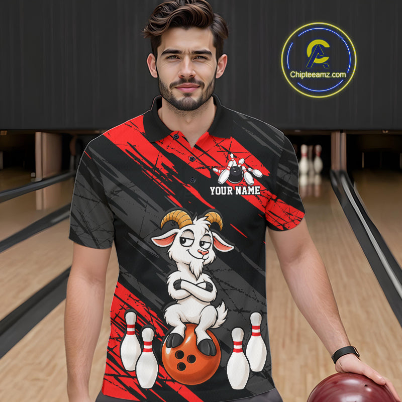 Red Funny Goat Custom Bowling Team Shirts for Bowler Bowling Jerseys for Men Bowling League HNT565