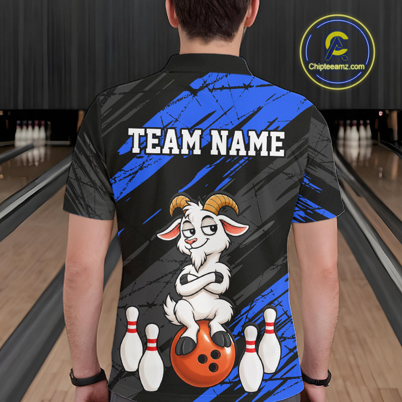 Blue Funny Goat Custom Bowling Team Shirts for Bowler Bowling Jerseys for Men Bowling League HNT565
