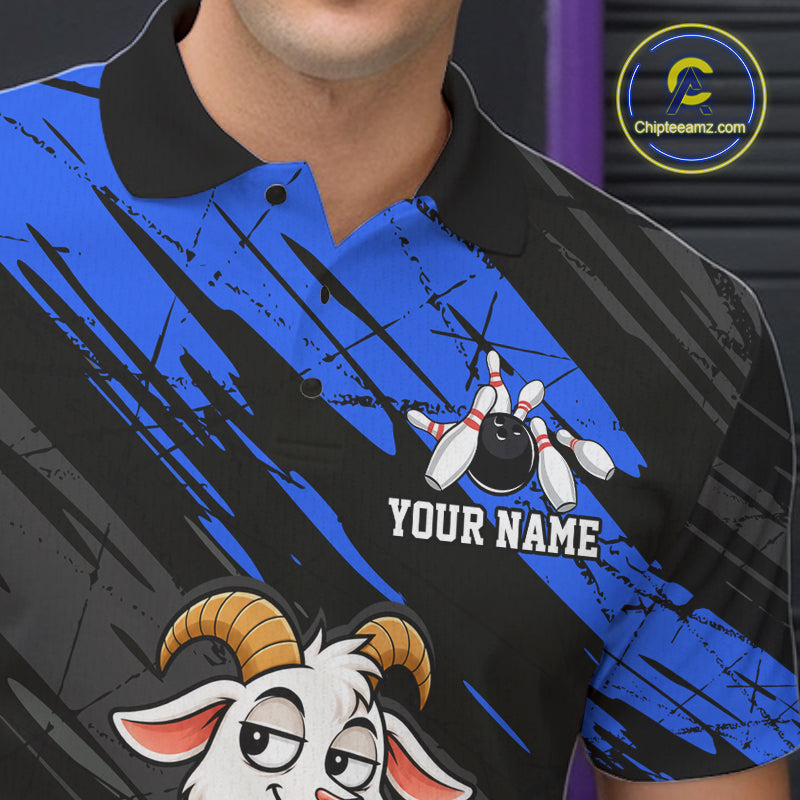 Blue Funny Goat Custom Bowling Team Shirts for Bowler Bowling Jerseys for Men Bowling League HNT565