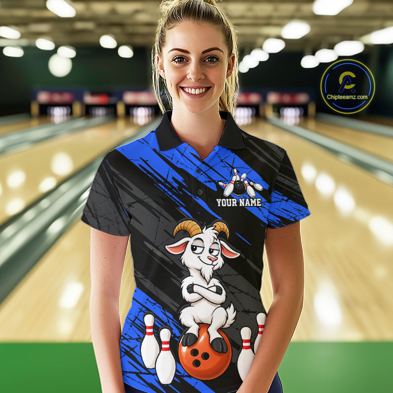 Blue Funny Goat Custom Bowling Team Shirts for Bowler Bowling Jerseys for Women Bowling League HNT565
