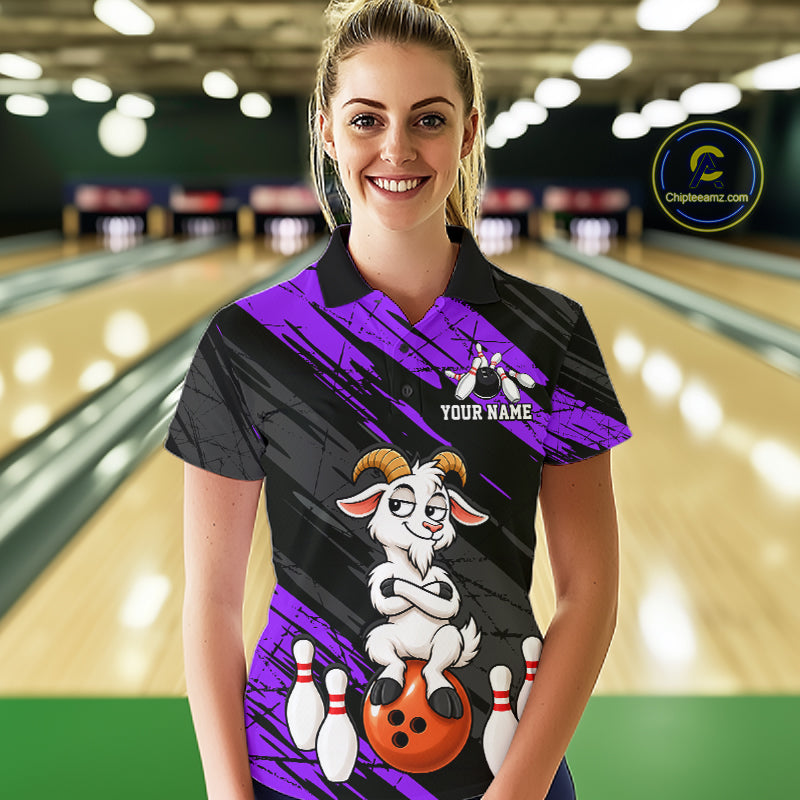 Purple Funny Goat Custom Bowling Team Shirts for Bowler Bowling Jerseys for Women Bowling League HNT565