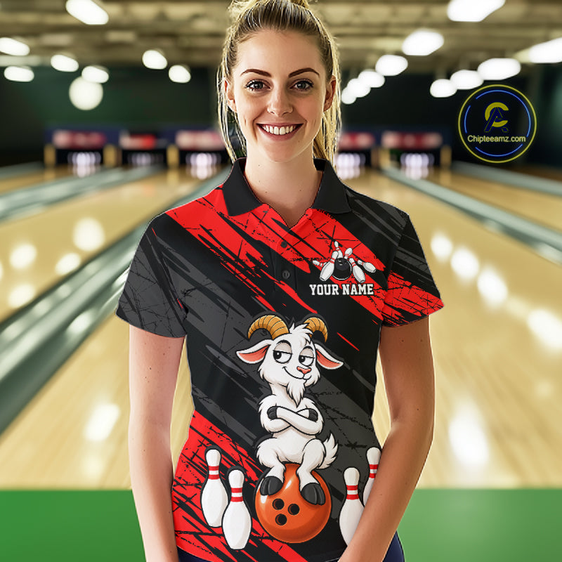Red Funny Goat Custom Bowling Team Shirts for Bowler Bowling Jerseys for Women Bowling League HNT565