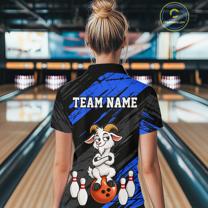 Blue Funny Goat Custom Bowling Team Shirts for Bowler Bowling Jerseys for Women Bowling League HNT565