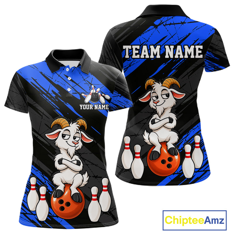 Blue Funny Goat Custom Bowling Team Shirts for Bowler Bowling Jerseys for Women Bowling League HNT565