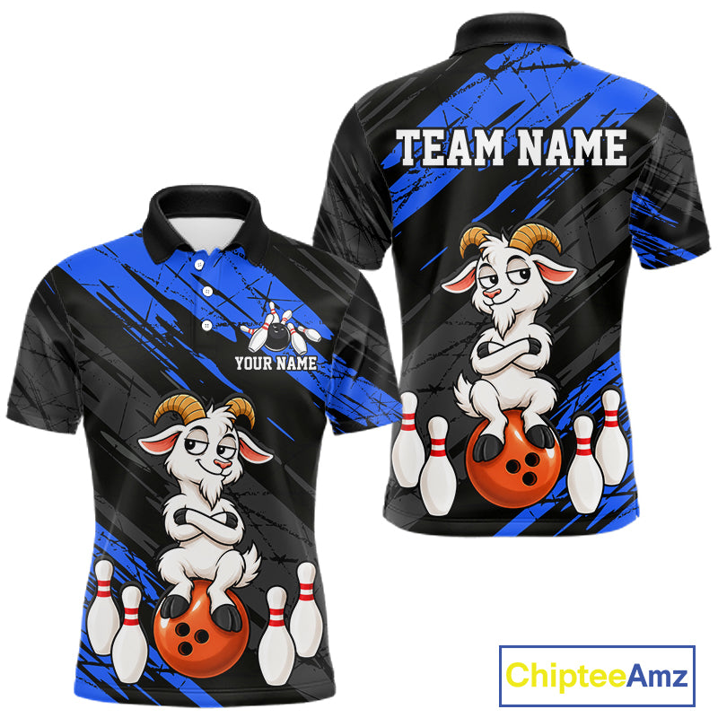 Blue Funny Goat Custom Bowling Team Shirts for Bowler Bowling Jerseys for Men Bowling League HNT565