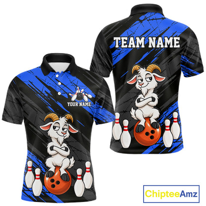 Blue Funny Goat Custom Bowling Team Shirts for Bowler Bowling Jerseys for Men Bowling League HNT565