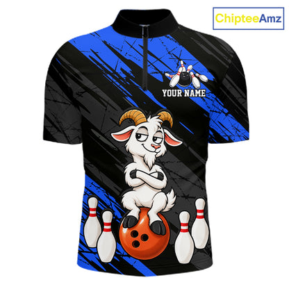 Blue Funny Goat Custom Bowling Team Shirts for Bowler Bowling Jerseys for Men Bowling League HNT565