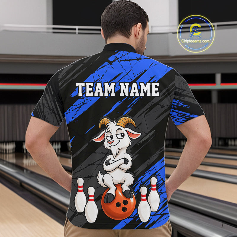 Blue Funny Goat Custom Bowling Team Shirts for Bowler Bowling Jerseys for Men Bowling League HNT565