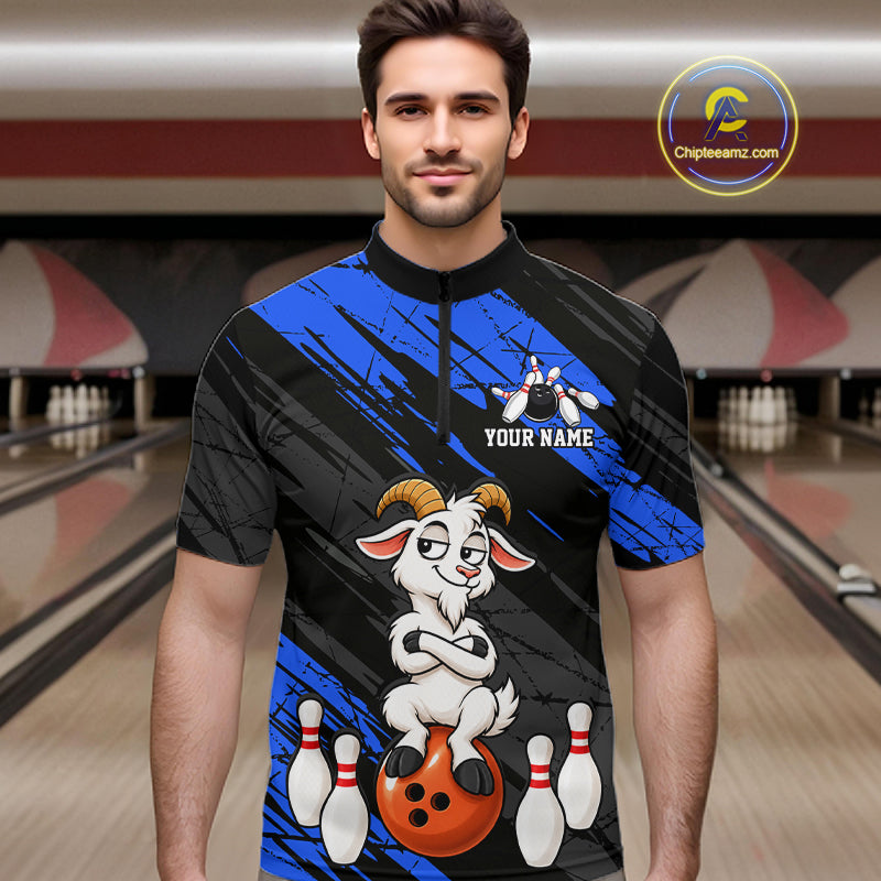 Blue Funny Goat Custom Bowling Team Shirts for Bowler Bowling Jerseys for Men Bowling League HNT565
