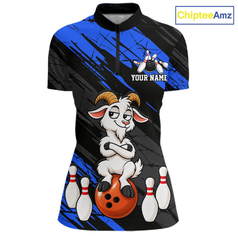 Blue Funny Goat Custom Bowling Team Shirts for Bowler Bowling Jerseys for Women Bowling League HNT565