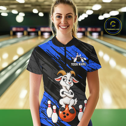 Blue Funny Goat Custom Bowling Team Shirts for Bowler Bowling Jerseys for Women Bowling League HNT565