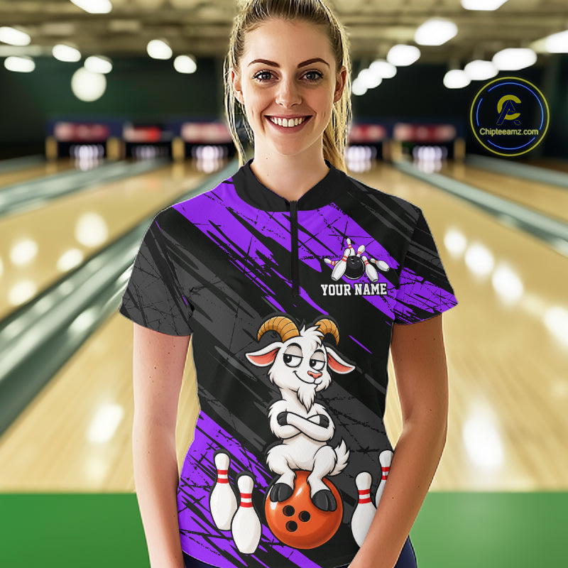 Purple Funny Goat Custom Bowling Team Shirts for Bowler Bowling Jerseys for Women Bowling League HNT565