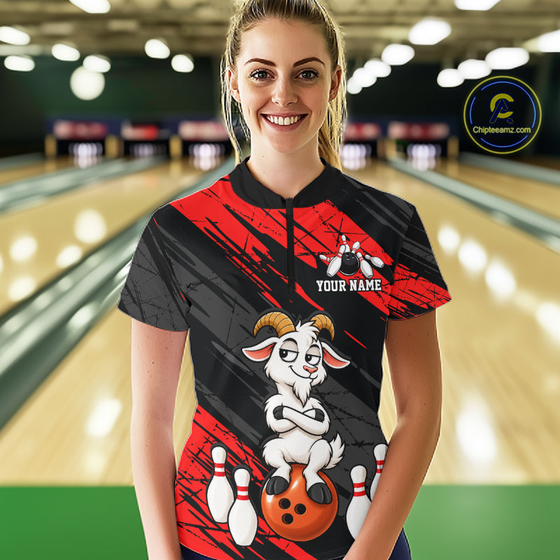 Red Funny Goat Custom Bowling Team Shirts for Bowler Bowling Jerseys for Women Bowling League HNT565