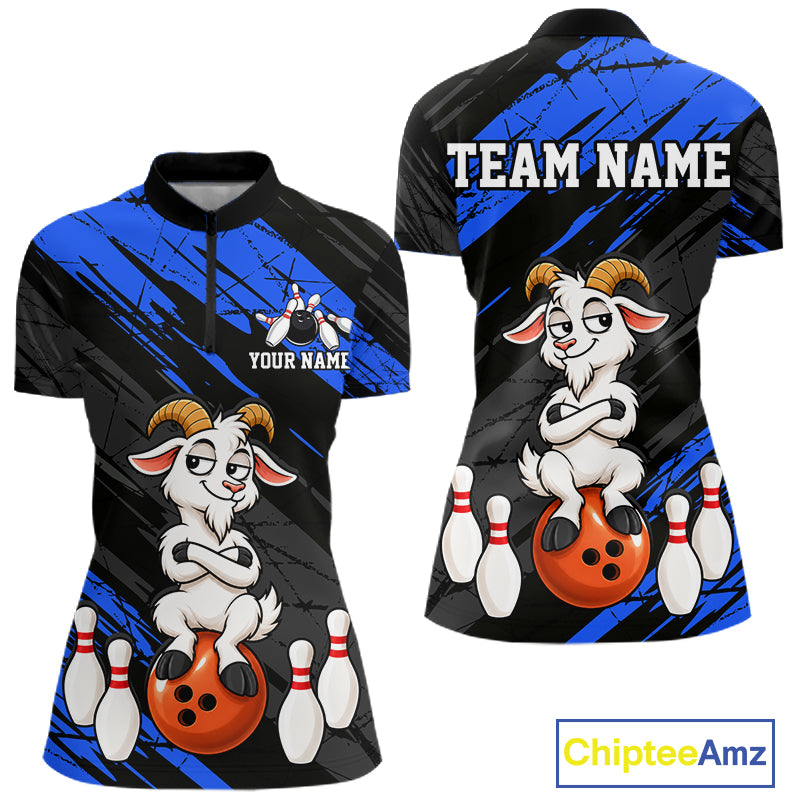 Blue Funny Goat Custom Bowling Team Shirts for Bowler Bowling Jerseys for Women Bowling League HNT565