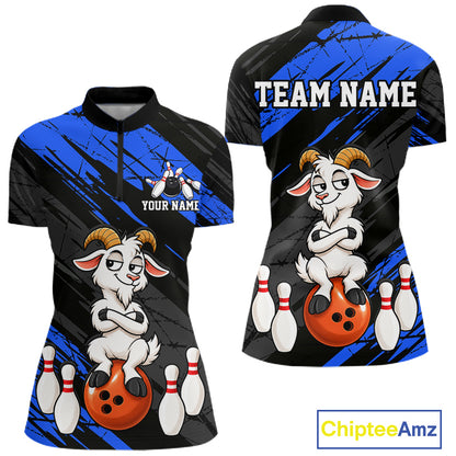 Blue Funny Goat Custom Bowling Team Shirts for Bowler Bowling Jerseys for Women Bowling League HNT565
