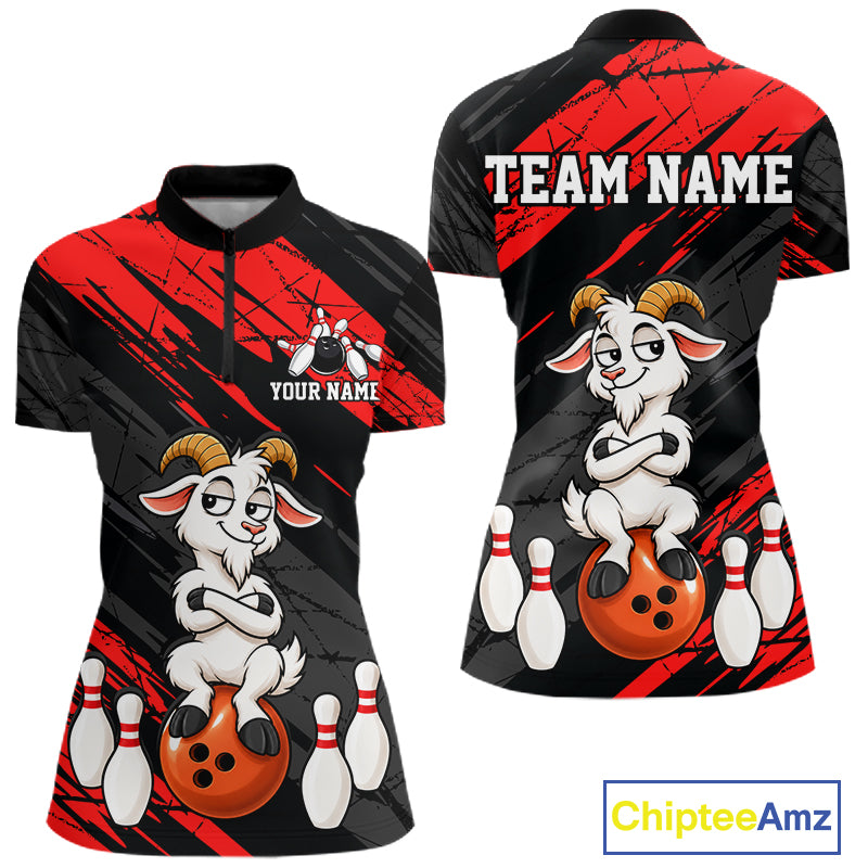 Red Funny Goat Custom Bowling Team Shirts for Bowler Bowling Jerseys for Women Bowling League HNT565