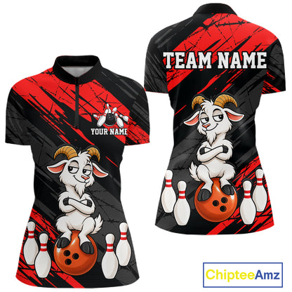 Red Funny Goat Custom Bowling Team Shirts for Bowler Bowling Jerseys for Women Bowling League HNT565